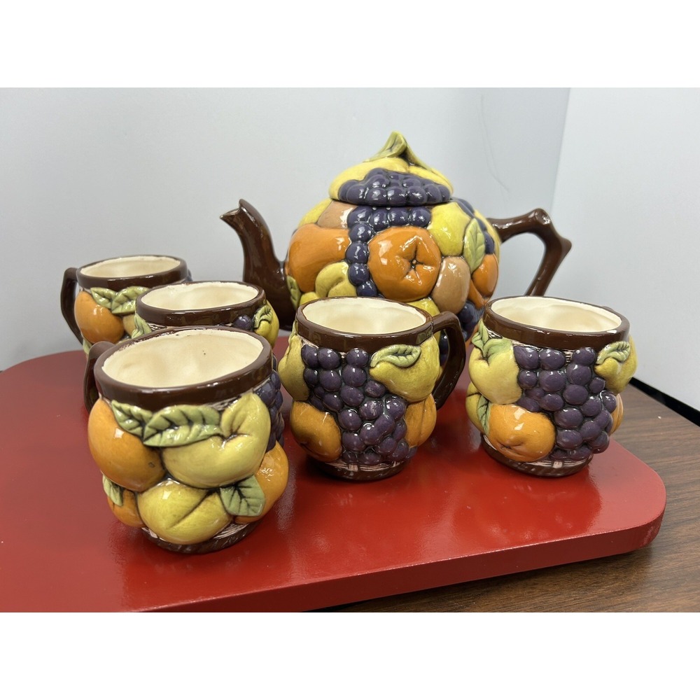 Vintage Inarco Orange SpiceCoffee/Tea Pot  &‎ 5 Mugs Japan Lemons Retro 1970s